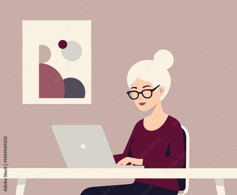 Senior Woman with Glasses Using Laptop at Desk Senior Woman with Glasses Using Laptop at Desk