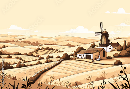 Sepia-toned rolling hills with windmill and farmhouses