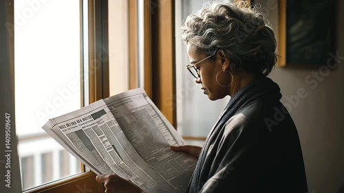 A woman reading a newspaper in quiet solitude