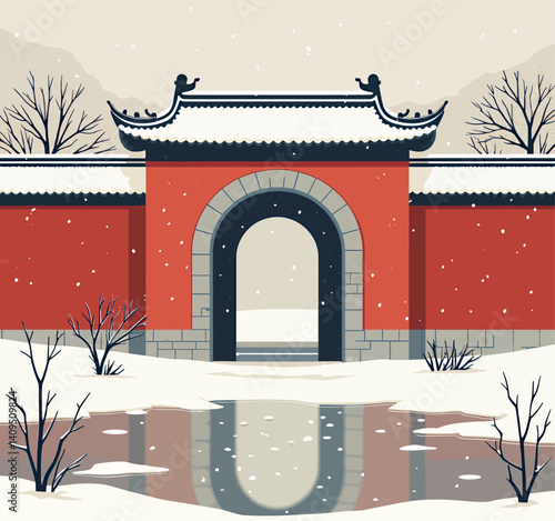 Snowy Chinese Gate with Reflection