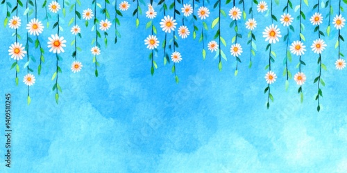 Fototapeta Naklejka Na Ścianę i Meble -  Daisy floral border banner background , daisy flowers hanging border wedding birthday Sky blue background with watercolor daisy vines dripping gently into the top-right corner like hanging flowers
