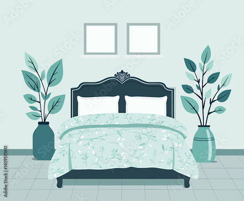 Teal bedroom with plants, patterned duvet and white pillows
