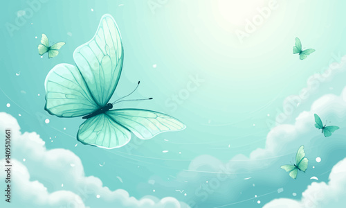 Teal butterflies soaring in a dreamy cloudscape