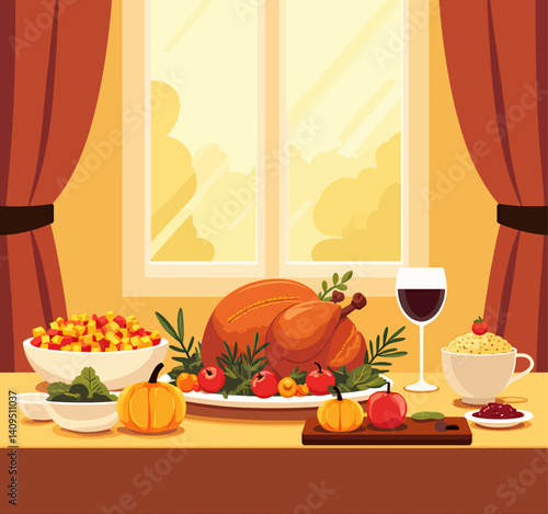 Thanksgiving feast with turkey, wine, and autumn decor