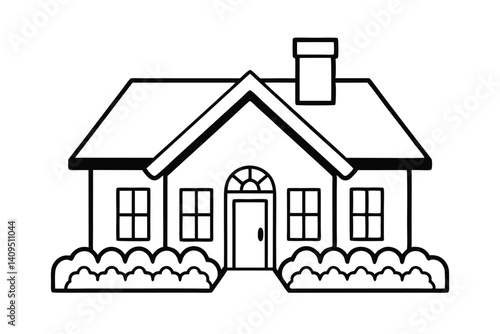 Simple Black And White Outline Of A Charming House With Shrubs And Chimney Illustration
