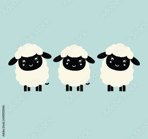 Three cute cartoon sheep on light blue background