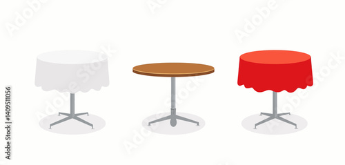 Three Round Tables, White, Wood, and Red Cloth