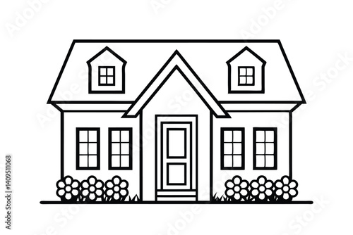 Black And White House Vector Illustration With Garden Flowers And Simple Outlines For Design Projects