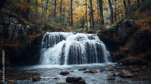 Waterfall Cascading Down Rocky Terrain Amidst Lush Forest And Autumn Foliage