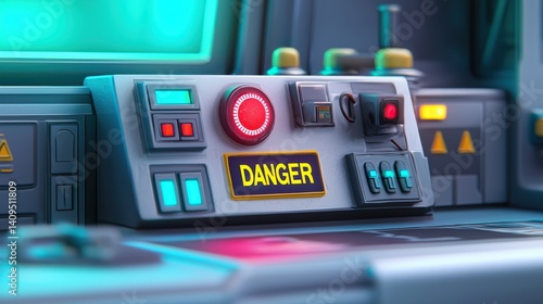 Fototapeta Naklejka Na Ścianę i Meble -  Emergency alert on spacecraft control panel futuristic bridge digital display high-tech environment close-up view sci-fi concept