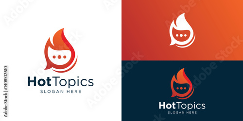 Creative hot topics logo template. Fire with bubble chat logo design vector illustration.