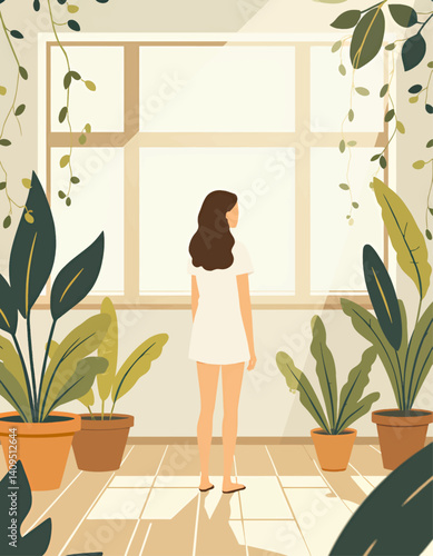 Woman Gazing Out Window, Indoor Plants, Serene Scene