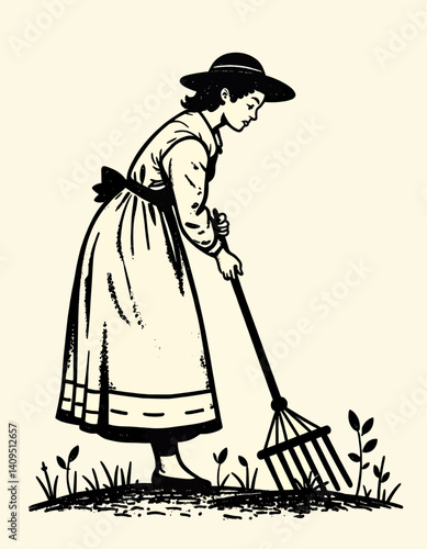 Woman in bonnet raking garden, vintage illustration