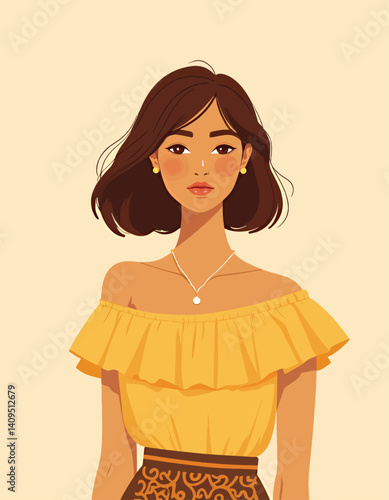 Woman in yellow off-shoulder top and patterned skirt