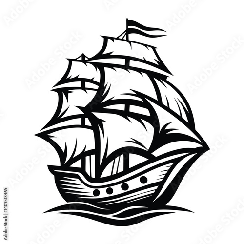 Majestic Sailing Ship Silhouette Detailed Black and White Maritime Vessel