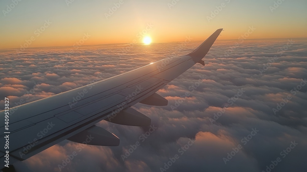 Obraz premium A breathtaking sunset view from an airplane wing above the clouds during a tranquil evening flight