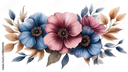 Vintage watercolor bouquet of pink and blue flowers, evoking timeless elegance and delicate charm