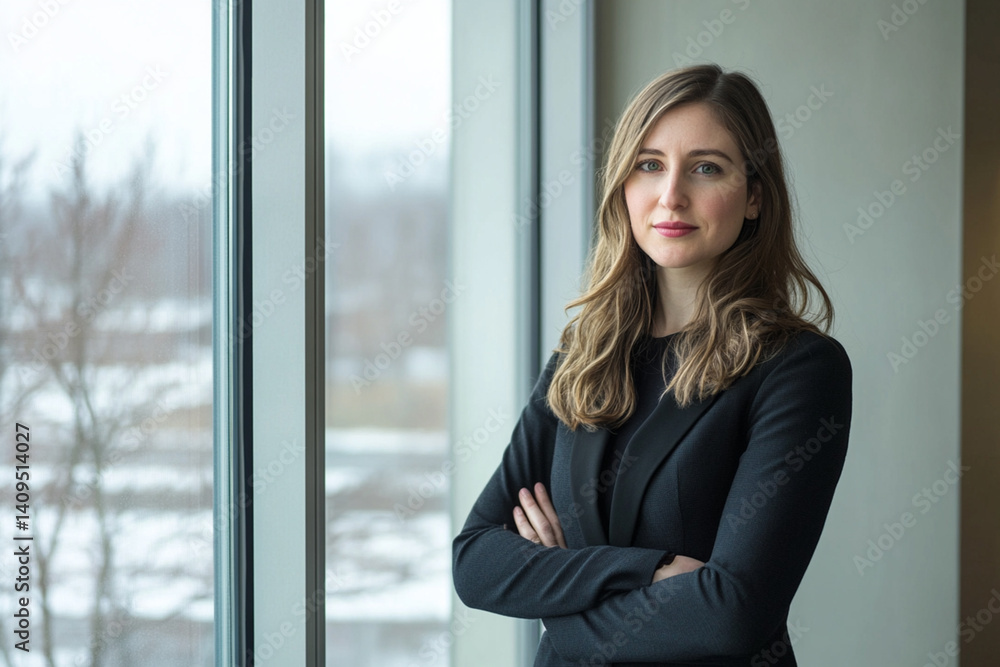 Business woman standing near her office window, sunset Business woman standing near her office window, sunset