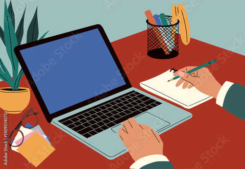 Hands work at laptop, Using computer at desk, typing on keyboard, surfing internet, working online and writing notes in notepad. Flat vector illustration of workspace with PC, glasses, house plant