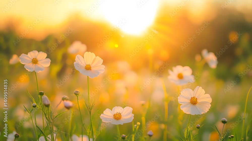 White Cosmos Flowers Blooming Under Bright Sunlight in a Green Field Background