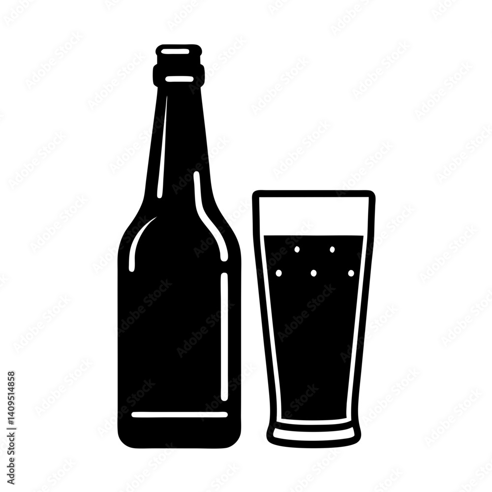 Silhouette of beer bottle and filled glass Silhouette of beer bottle and filled glass