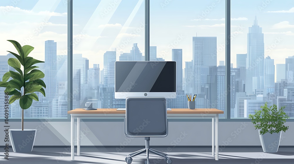Modern Office with City Skyline View, Modern office with large windows overlooking a city skyline, featuring a desk with a computer Modern Office with City Skyline View, Modern office with large windows overlooking a city skyline, featuring a desk with a computer