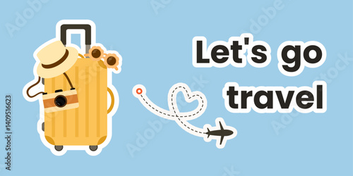 Travel banner, template with suitcase and travel accessories. Let's go travel. Vacation concept. Vector illustration, stickers, flat style.