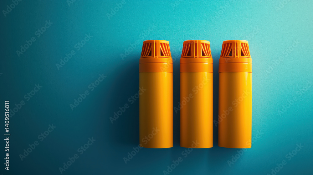 Blank Background of Three orange inhalers on blue background Blank Background of Three orange inhalers on blue background