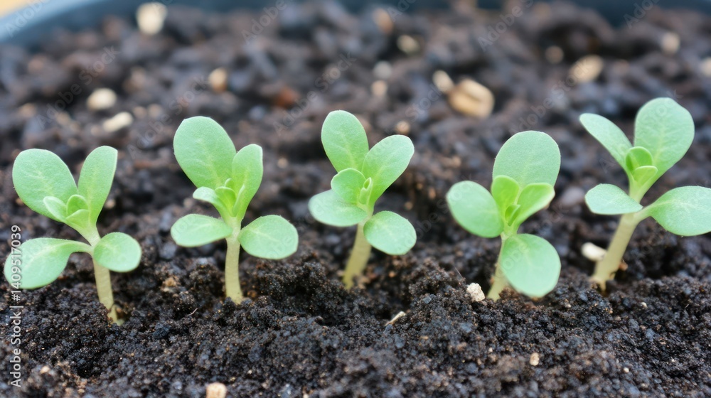 Four young seedlings sprout from dark soil in a pot. Four young seedlings sprout from dark soil in a pot.