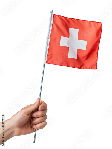 Hand holding Swiss flag on transparent background