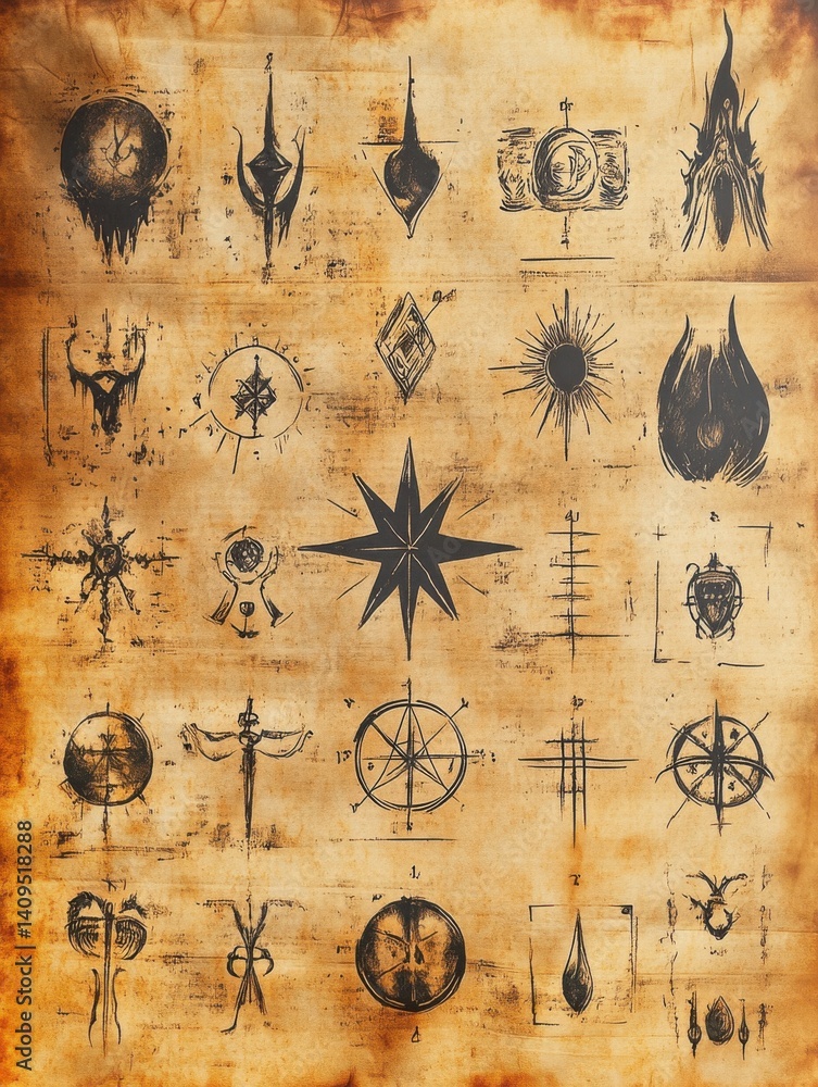 Fototapeta premium Ancient alchemical symbols on aged parchment with vintage artifacts