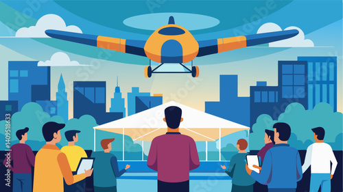 Spectators look on in amazement as a large eVTOL lands on the markets rooftop transforming the space into a futuristic hub of transportation.. Vector illustration
