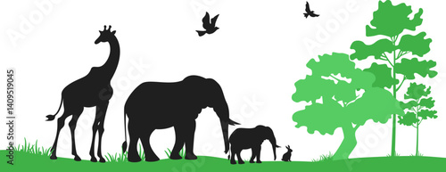 Biological diversity illustration. Earth with Wildlife and Tree illustration for environment, ecology awarness. Vector isolated