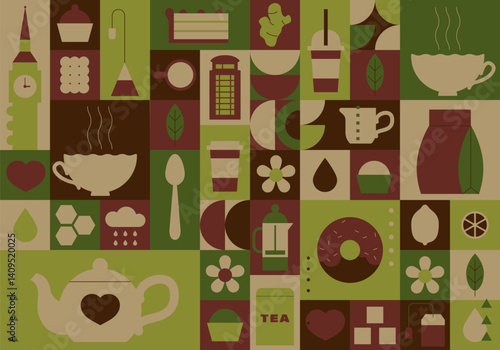 Set of Tea Vector Illustration. Cup of Tea, Teabag, Green Tea, teapot, tea bag. Preparation. Hot drink background. Brewing. Vector set