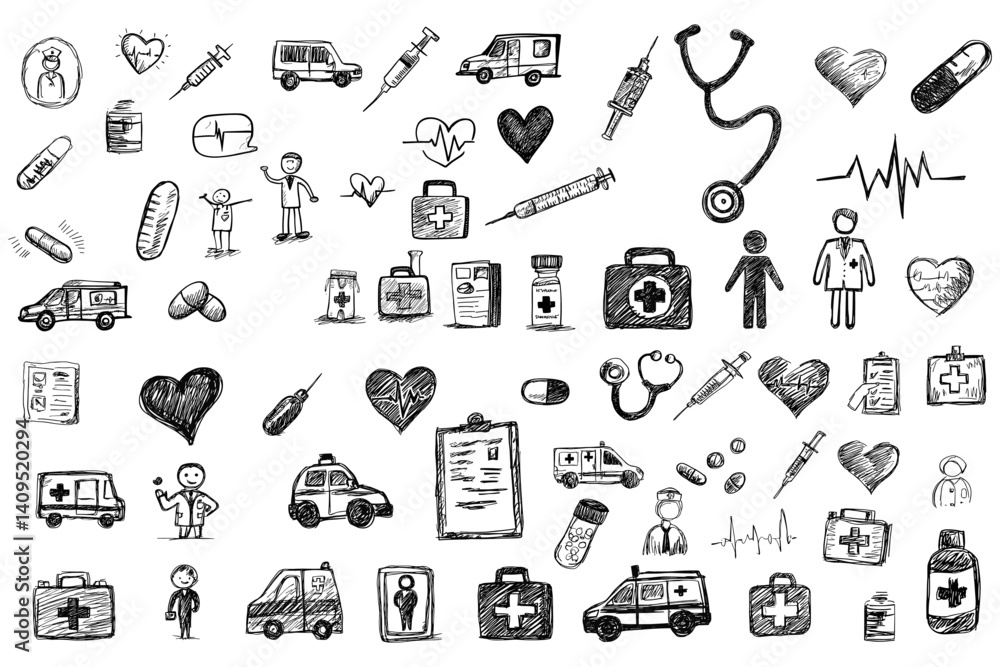 Naklejka premium Health and medical doodles collection featuring hand drawn sketches of medical equipment