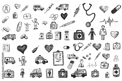 Health and medical doodles collection featuring hand drawn sketches of medical equipment