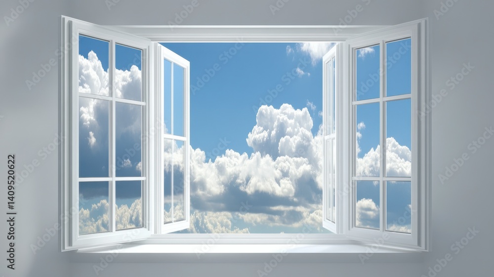 Obraz premium New clear white open PCV windows with sunny blue sky and clouds behind it. Minimal backdrop.