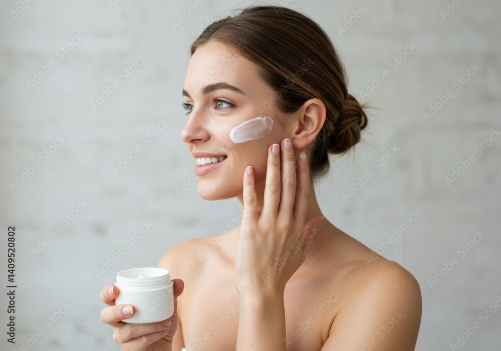 A side view of an anonymous smiling Caucasian female applying some body creme on her skin to stay smooth