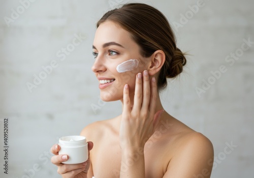 Obraz na płótnie A side view of an anonymous smiling Caucasian female applying some body creme on her skin to stay smooth w salonie