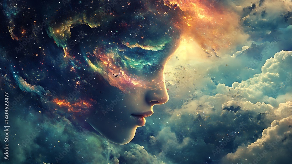 Woman's Face Merged With A Nebula And Universe With Bright Colors