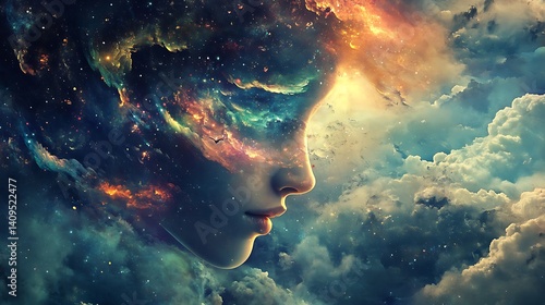 Obraz na płótnie Woman's Face Merged With A Nebula And Universe With Bright Colors w salonie