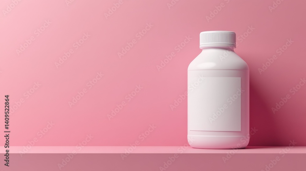 A white plastic bottle with a blank label sits on a pink shelf against a pink background. The bottle is ready for your product design. A white plastic bottle with a blank label sits on a pink shelf against a pink background. The bottle is ready for your product design.