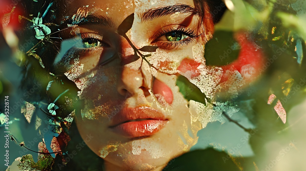 Woman's Portrait Overlayed with Floral Elements Creating Dreamy Aesthetic Look