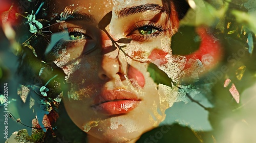 Obraz na płótnie Woman's Portrait Overlayed with Floral Elements Creating Dreamy Aesthetic Look w salonie