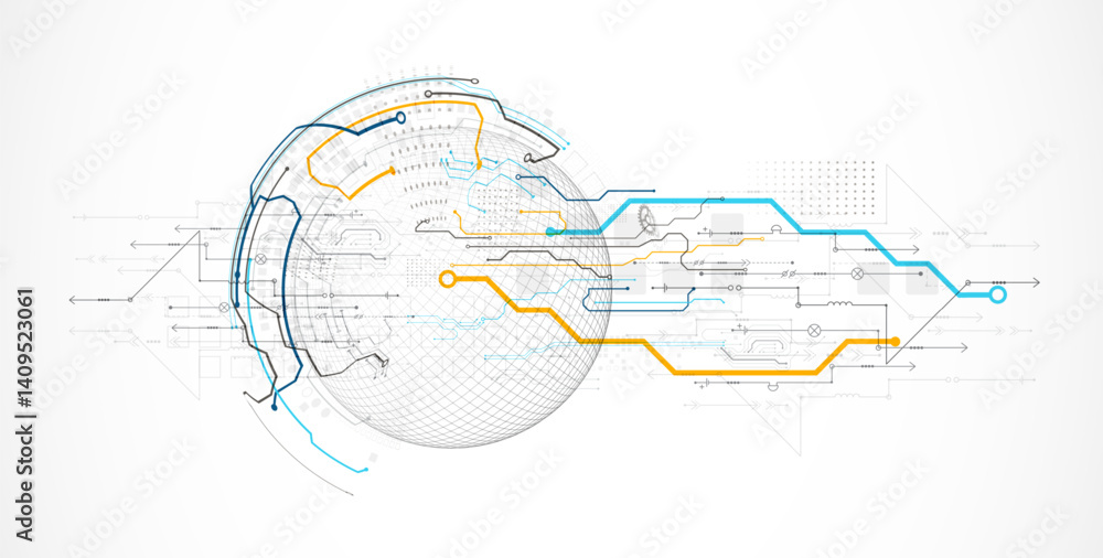 Abstract circuit board background with sphere. Hi-tech digital technology concept. Vector.