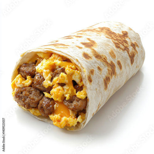 A sausage breakfast burrito with scrambled eggs and cheese