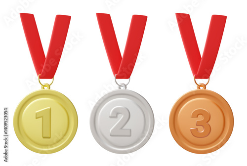 3D illustration vector render of 3 separate award medal icons in order of achievement. Gold medal first place winner, silver medal second place, and bronze medal third place, isolated on white backgro