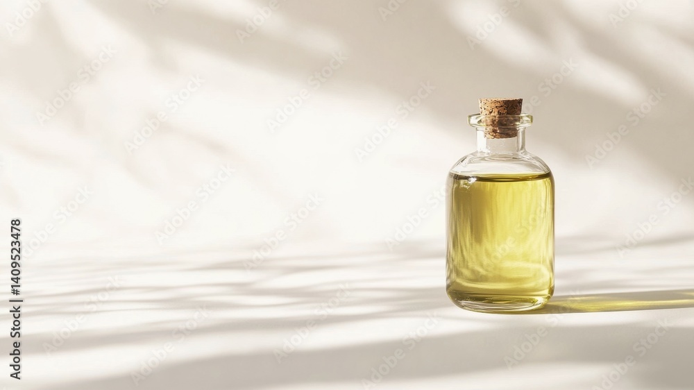 Naklejka premium Oil bottle with plant shadows, minimalist and simple aesthetic in a clean shot.