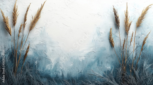 serene abstract painting features textured blue and white background with golden wheat stalks, evoking sense of calm and nature