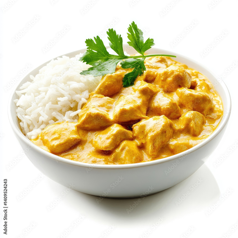 A serving of chicken korma with steamed rice A serving of chicken korma with steamed rice